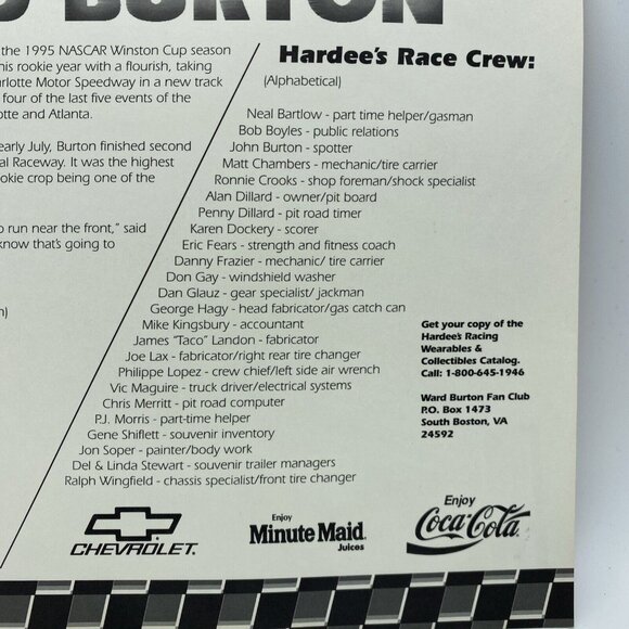 Ward Burton 8x10 Photo - 1995 Hardee’s Racing Nascar Winston Cup - Picture 6 of 9